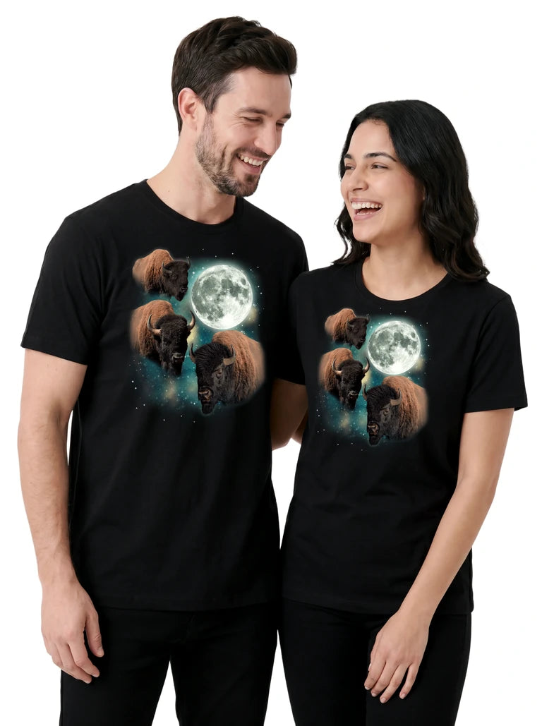 MagicMoon Three Bison Moon on couple wearing matching Funny Animal Shirt