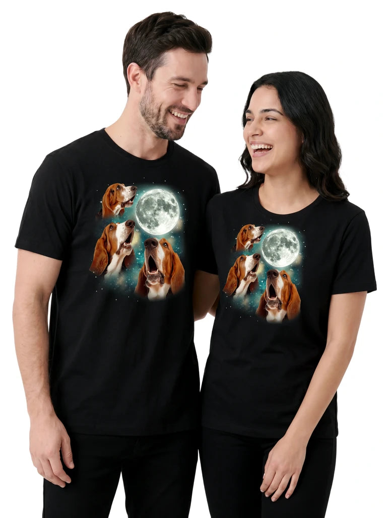 MagicMoon Three Basset Hound 2 Moon on couple wearing matching Funny Animal Shirt