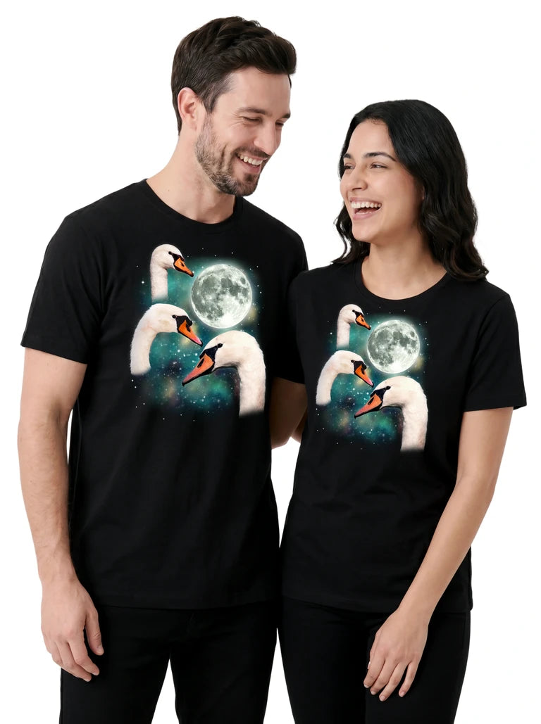MagicMoon Three Swans Moon on couple wearing matching Funny Animal Shirt