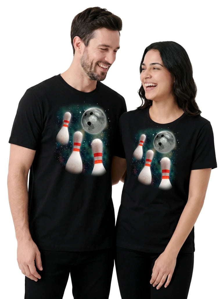 MagicMoon Three Bowling Pin Moon on couple wearing matching Funny Novelty Shirt