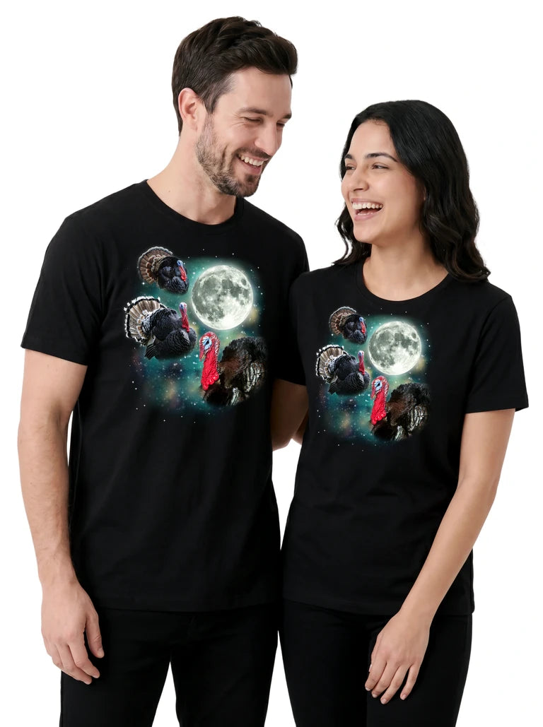 MagicMoon Three Turkey Moon on couple wearing matching Funny Animal Shirt
