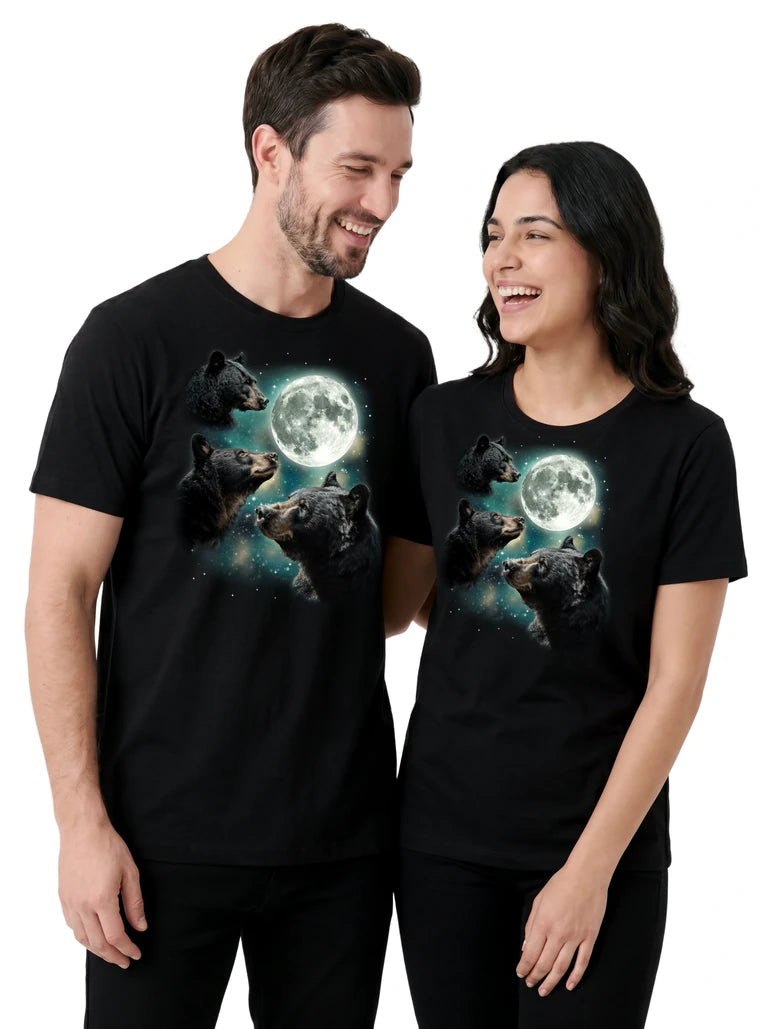 MagicMoon Three Black Bear Moon on couple wearing matching Funny Animal Shirt