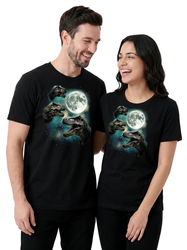 MagicMoon Three T-Rex Moon on couple wearing matching Funny Novelty Shirt