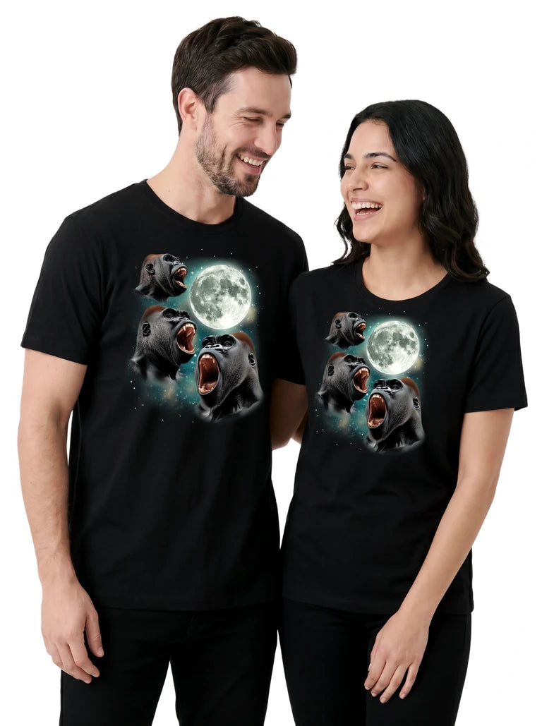 MagicMoon Three Gorilla Moon on couple wearing matching Funny Animal Shirt