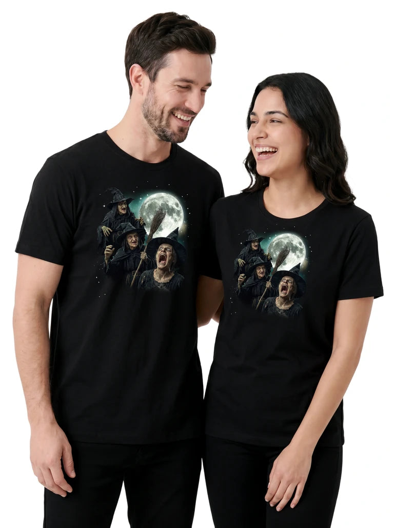 MagicMoon Three Witch Moon on couple wearing matching Halloween Costume Shirt