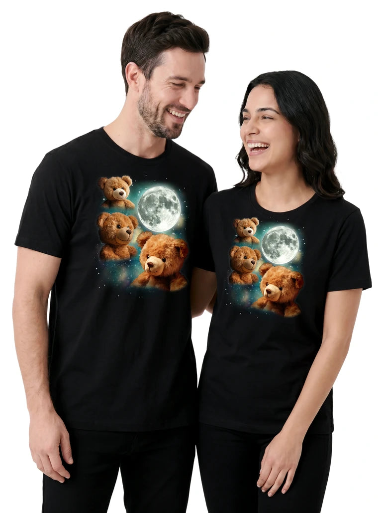 MagicMoon Three Teddy Bear Moon on couple wearing matching Funny Novelty Shirt