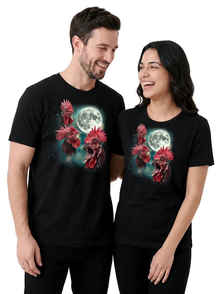 MagicMoon Three Rooster Moon on couple wearing matching Funny Animal Shirt