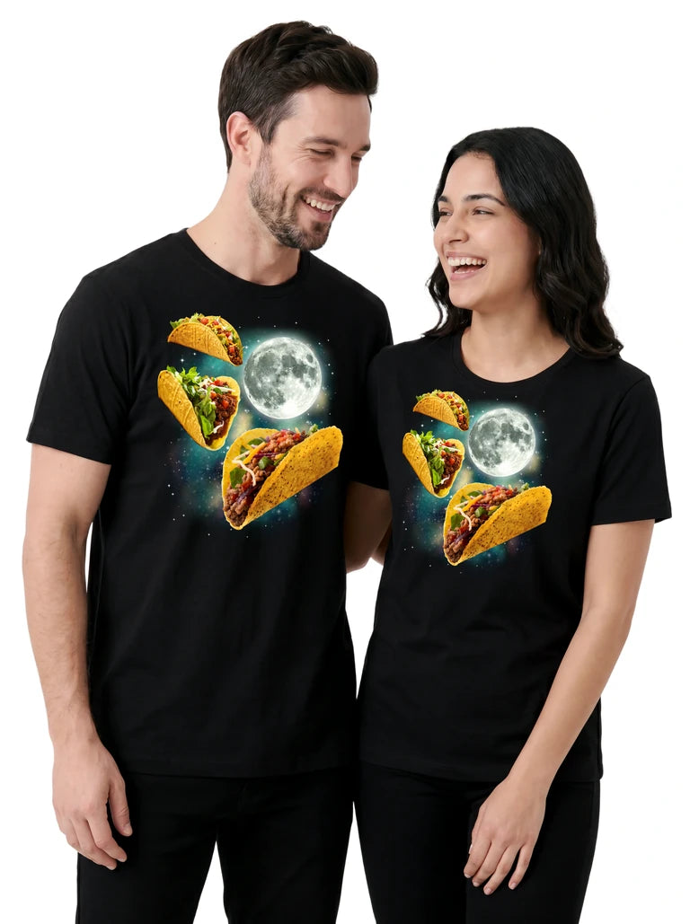 MagicMoon Three Tacos Moon on couple wearing matching Funny Food Shirt