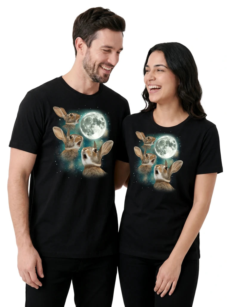 MagicMoon Three Rabbit Moon on couple wearing matching Funny Animal Shirt