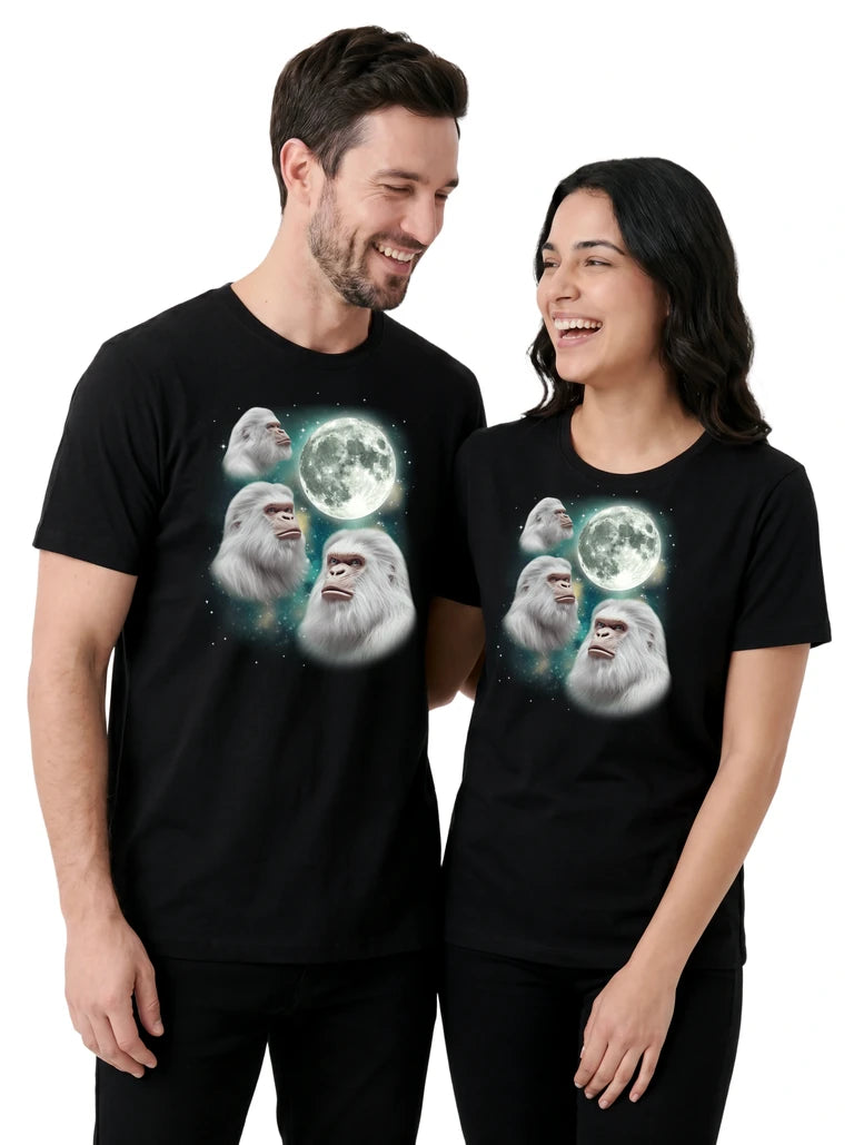 MagicMoon Three Yeti Moon on couple wearing matching Funny Novelty Shirt