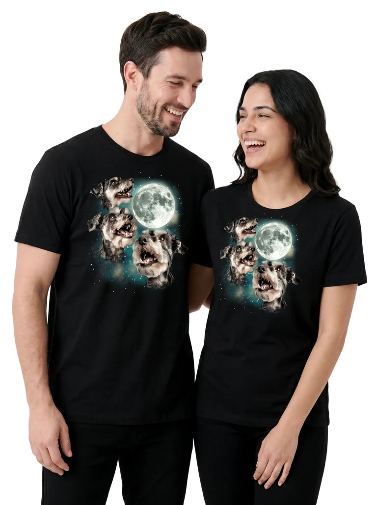 MagicMoon Three Miniature Schnauzer Moon on couple wearing matching Funny Animal Shirt