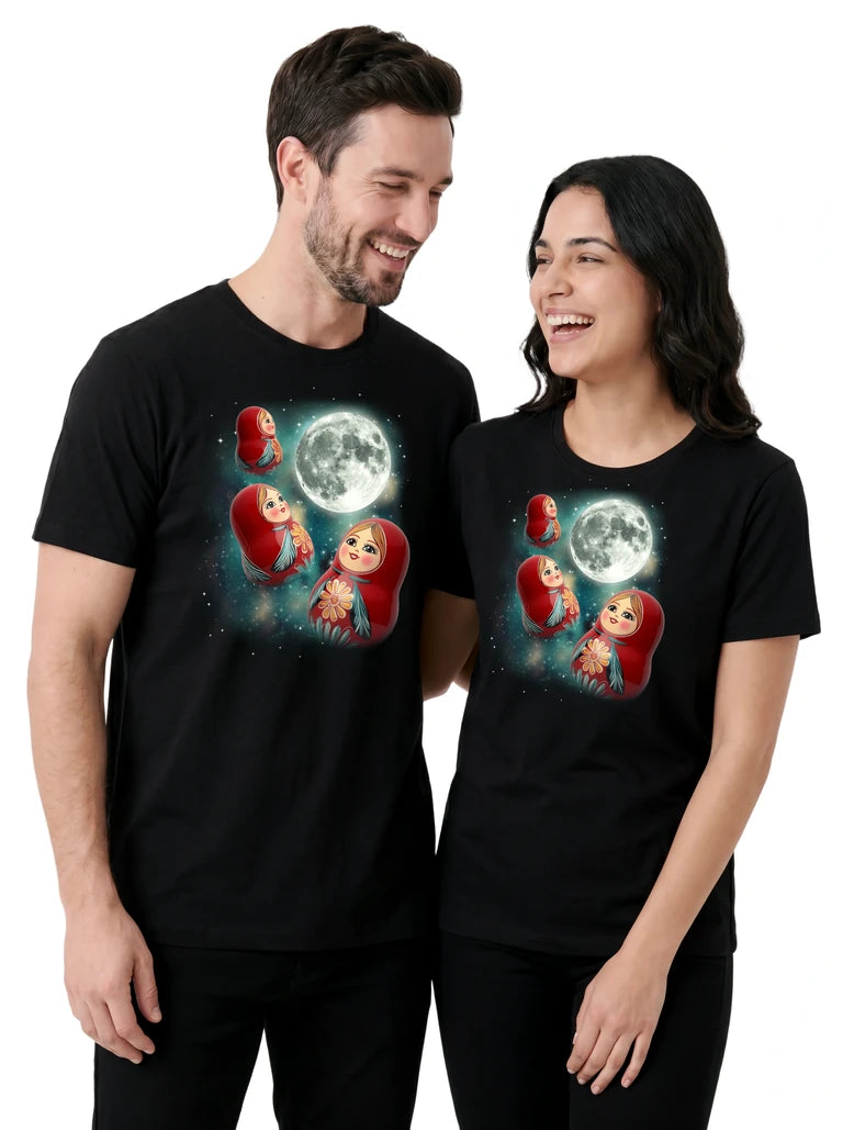 MagicMoon Three Matryoshka Doll Moon on couple wearing matching Funny Novelty Shirt
