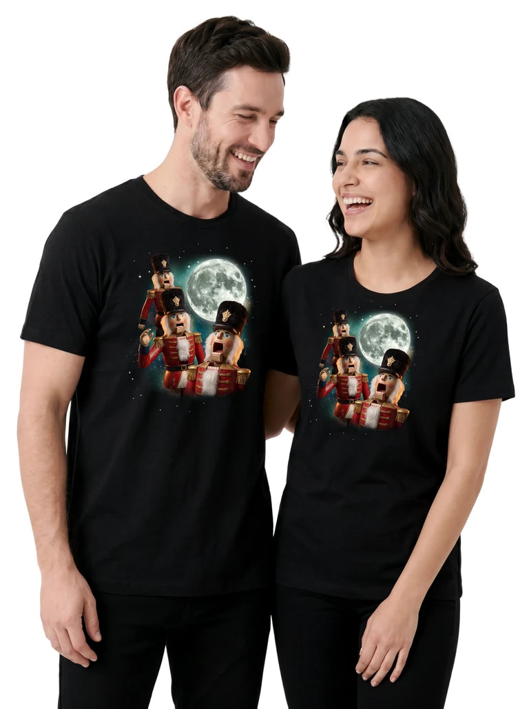 MagicMoon Three Nutcracker Moon on couple wearing matching Christmas Gift Shirt