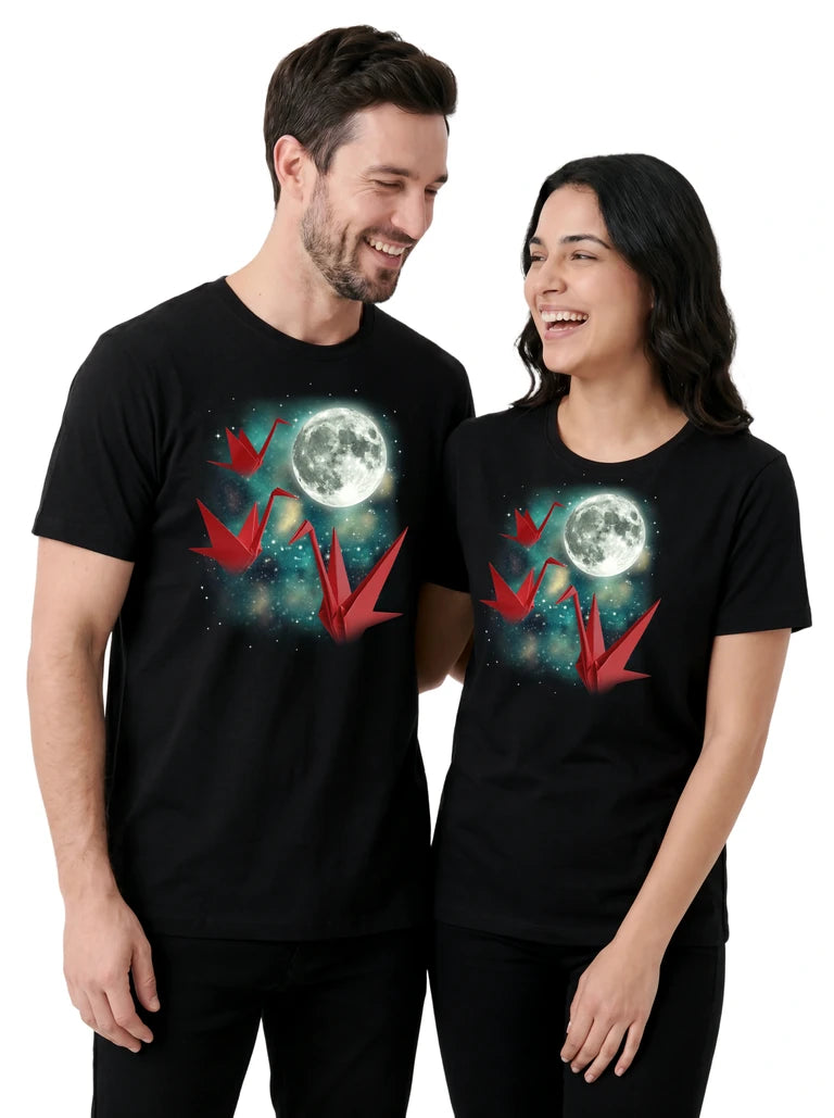 MagicMoon Three Origami Crane Moon on couple wearing matching Funny Novelty Shirt