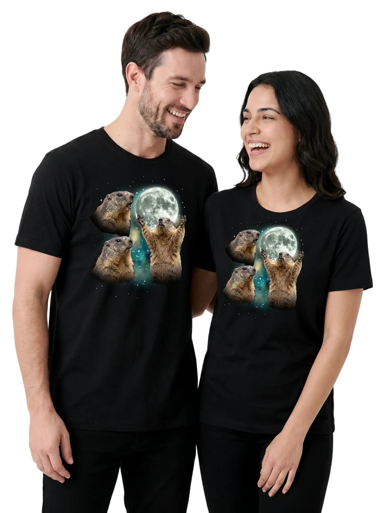 MagicMoon Three Marmot Moon on couple wearing matching Funny Animal Shirt