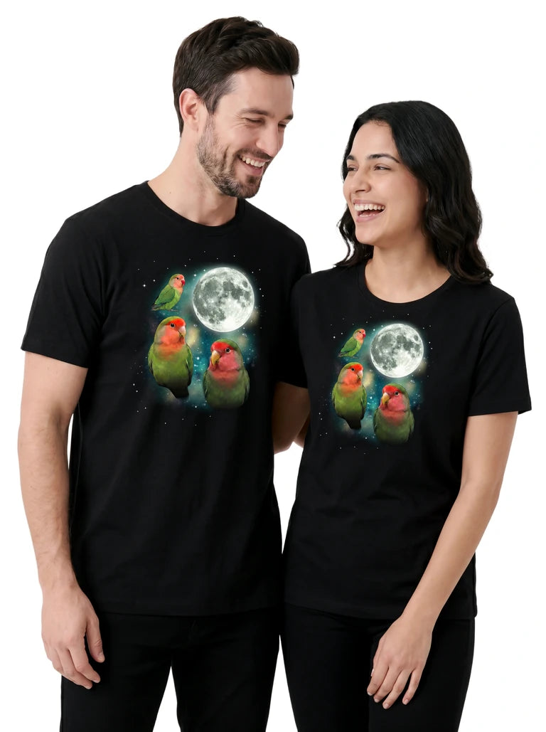 MagicMoon Three Lovebird Moon on couple wearing matching Funny Animal Shirt