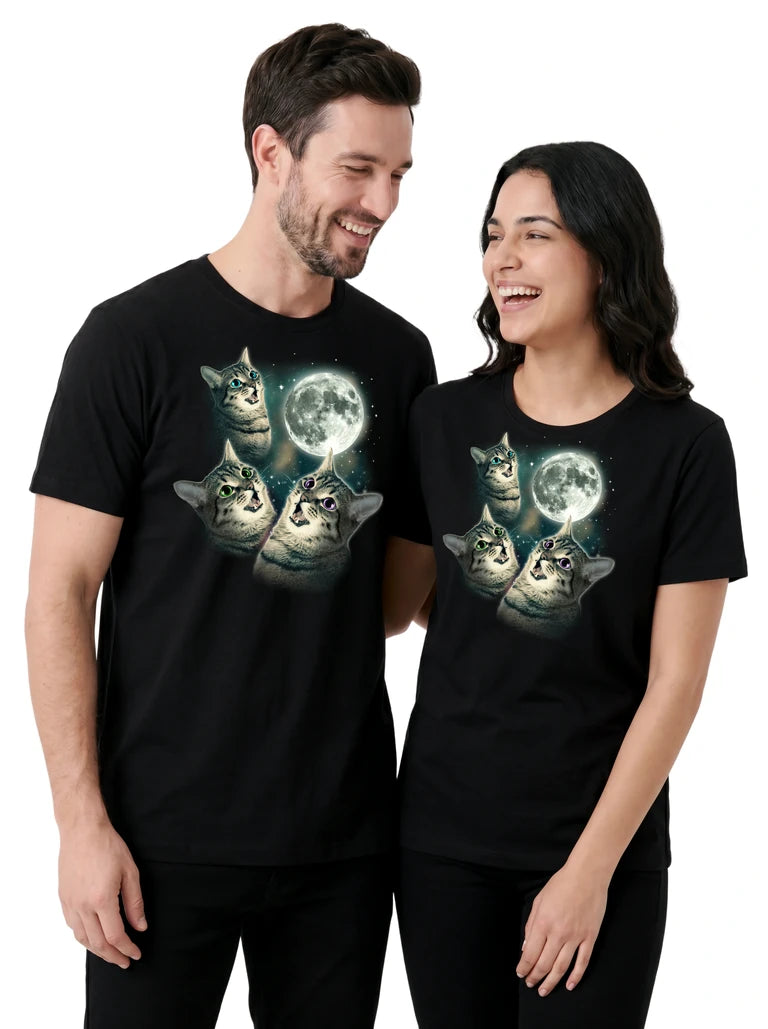 MagicMoon Three Cat Moon on couple wearing matching Funny Animal Shirt