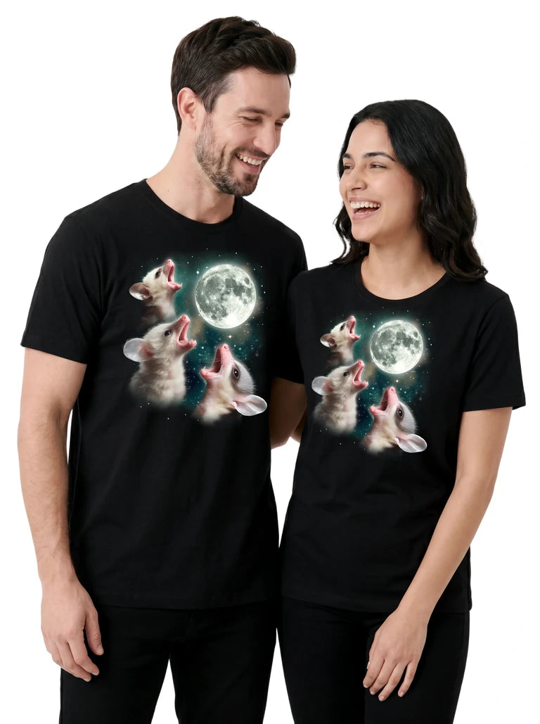 MagicMoon Three Baby Possum Moon on couple wearing matching Funny Animal Shirt