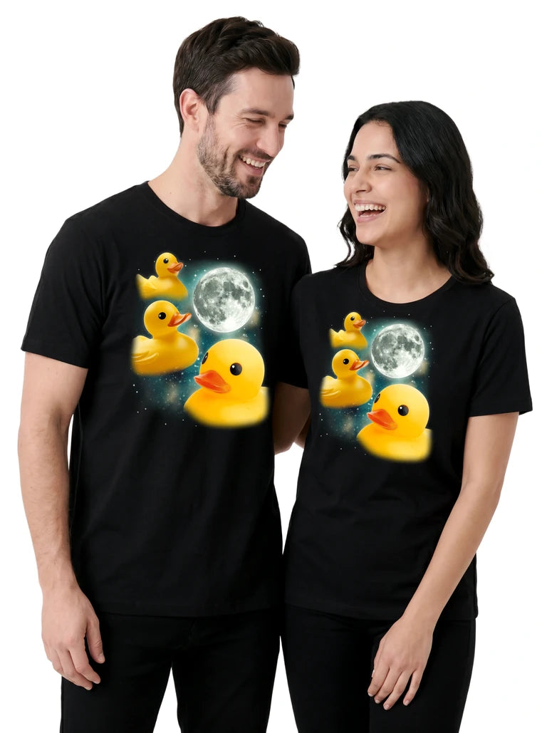 MagicMoon Three Rubber Duck Moon on couple wearing matching Funny Novelty Shirt