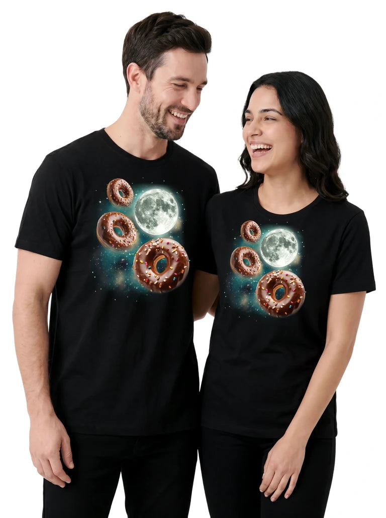 MagicMoon Three Donut Moon on couple wearing matching Funny Food Shirt