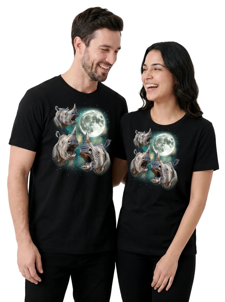 MagicMoon Three Rhino Moon on couple wearing matching Funny Animal Shirt