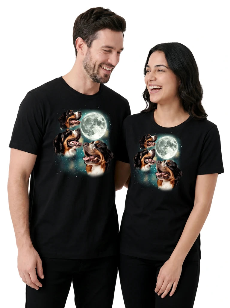 MagicMoon Three Bernese Mountain Dog Moon on couple wearing matching Funny Animal Shirt