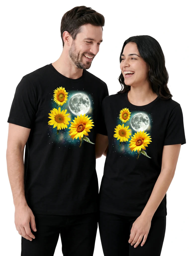 MagicMoon Three Sunflower Moon on couple wearing matching Funny Novelty Shirt