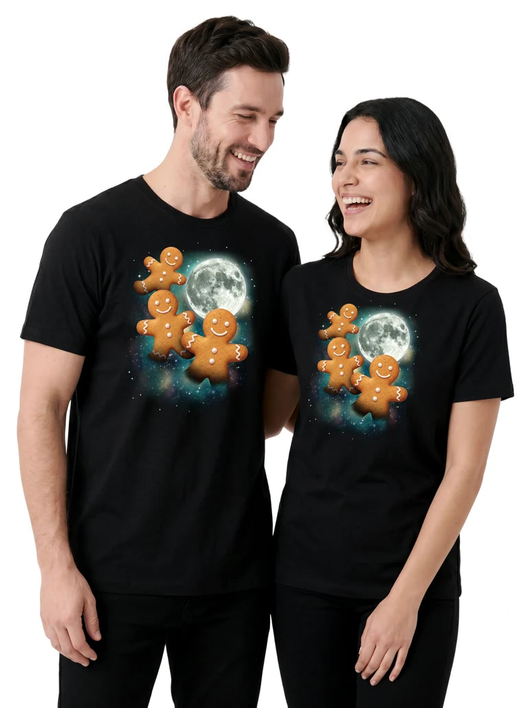MagicMoon Three Gingerbread Men Moon on couple wearing matching Christmas Gift Shirt