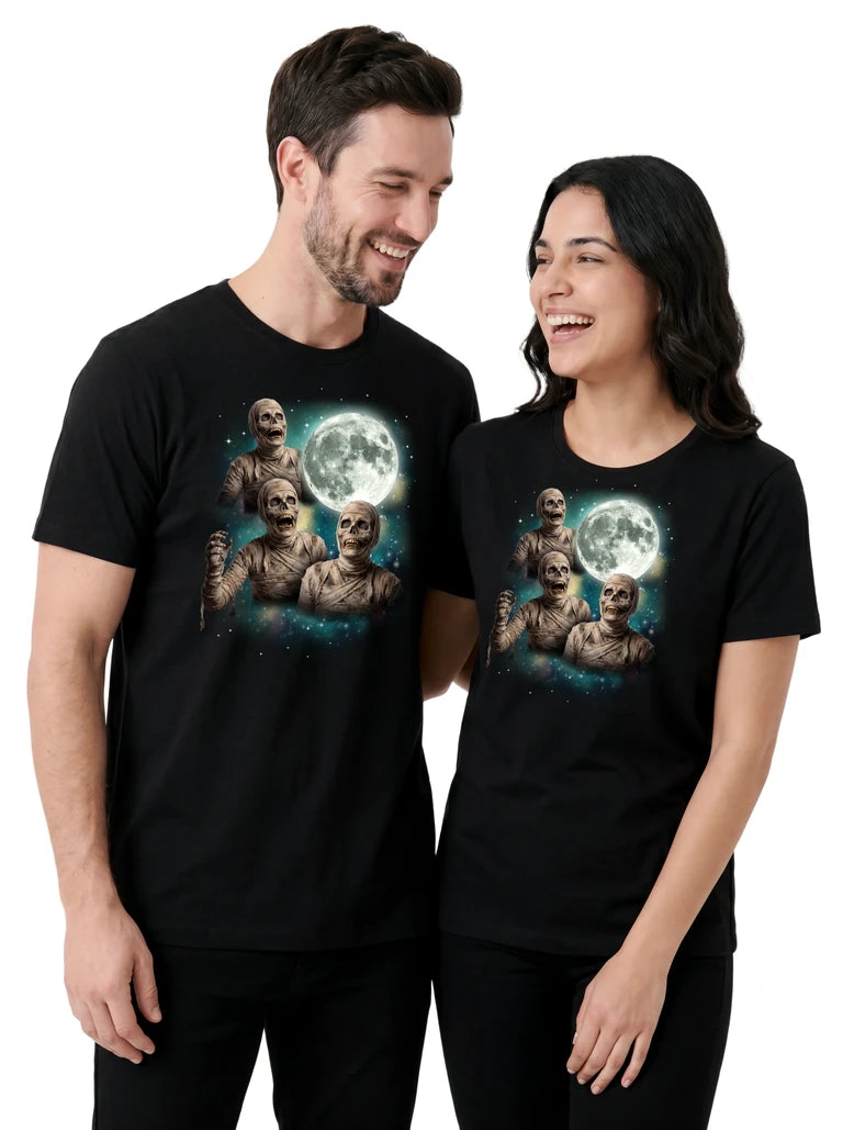 MagicMoon Three Mummy Moon on couple wearing matching Halloween Costume Shirt