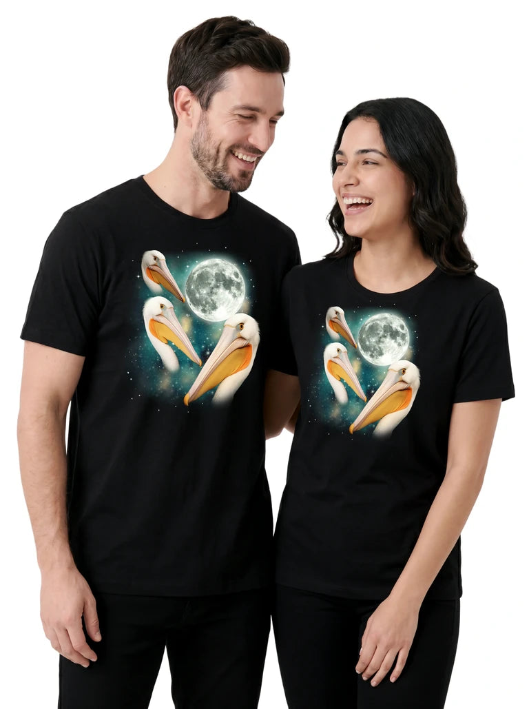 MagicMoon Three Pelican Moon on couple wearing matching Funny Animal Shirt