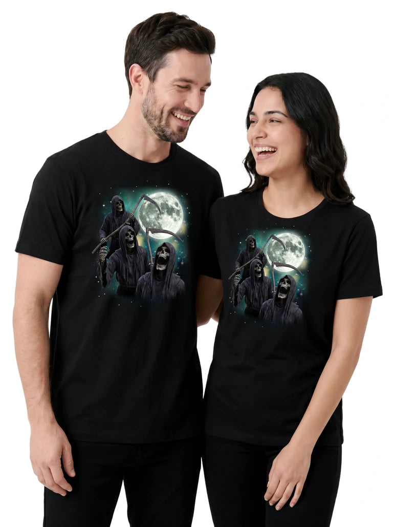 MagicMoon Three Grim Reaper Moon on couple wearing matching Halloween Costume Shirt