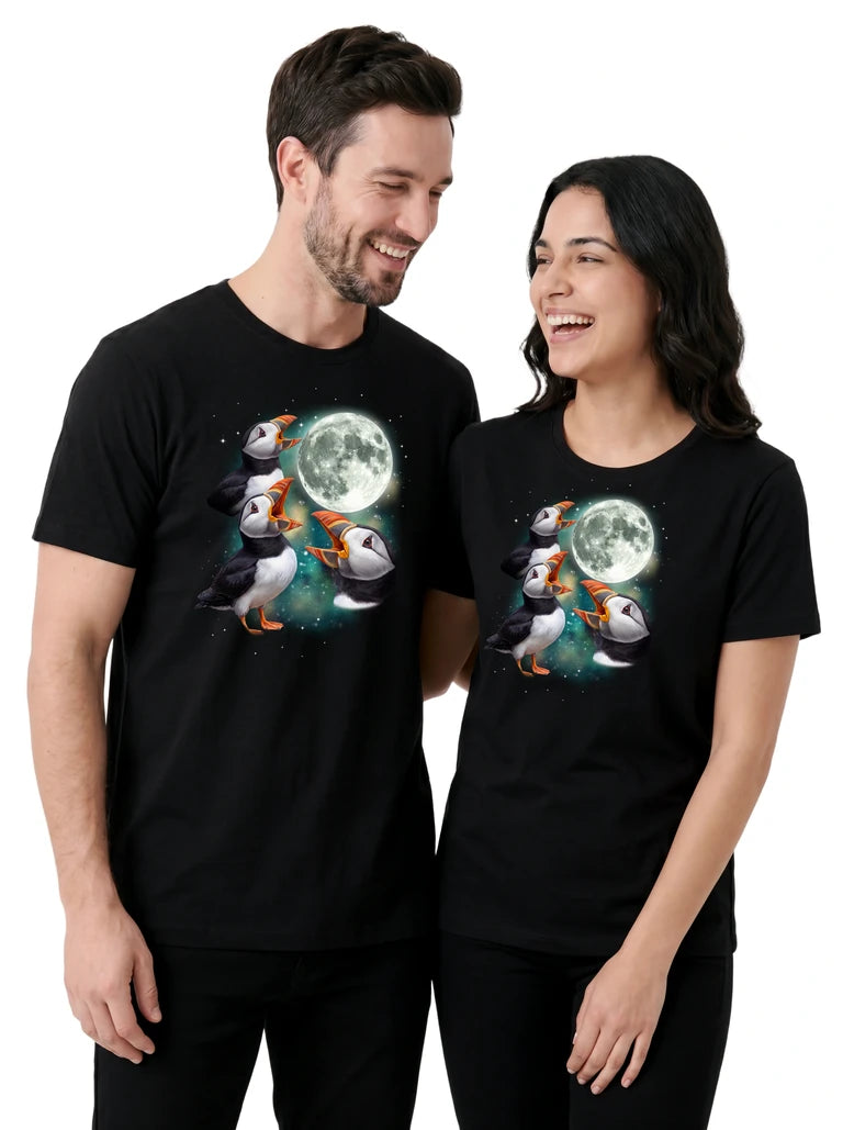 MagicMoon Three Puffin Moon on couple wearing matching Funny Animal Shirt