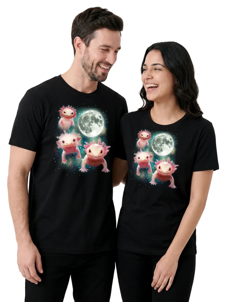 MagicMoon Three Axolotl Moon on couple wearing matching Funny Animal Shirt