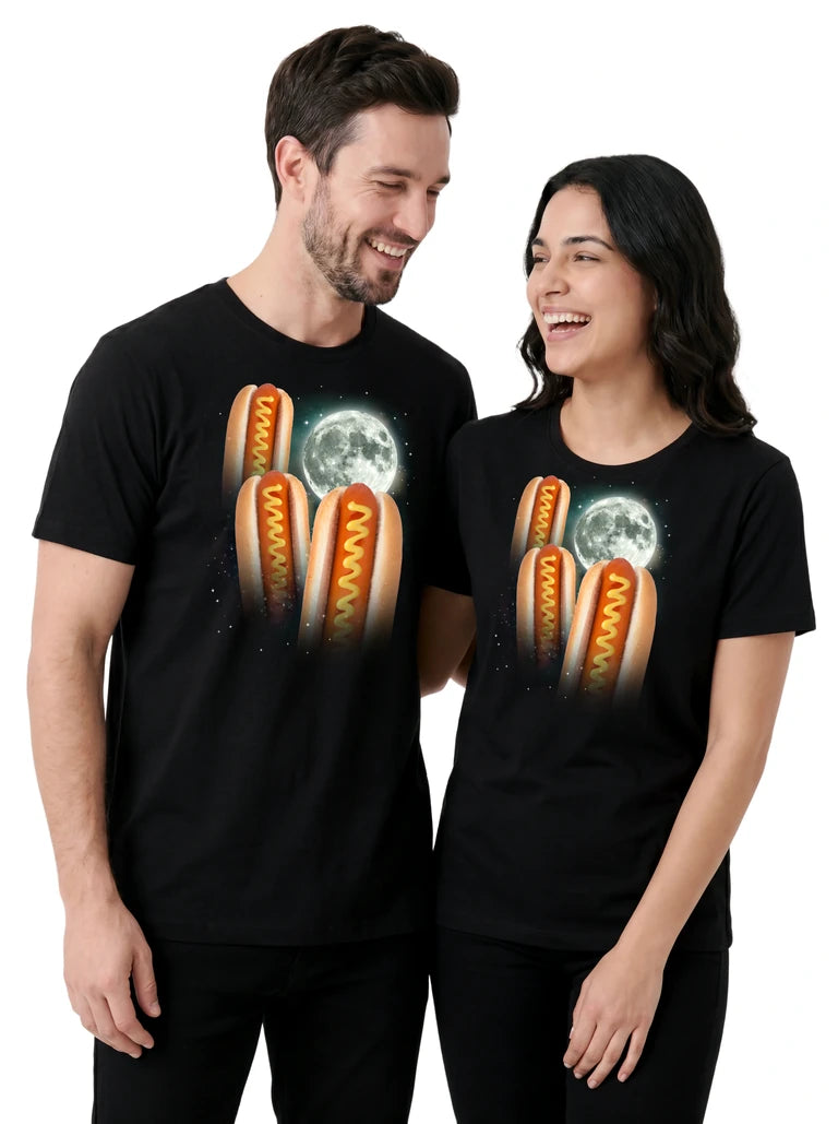 MagicMoon Three Hot Dog Moon on couple wearing matching Funny Food Shirt