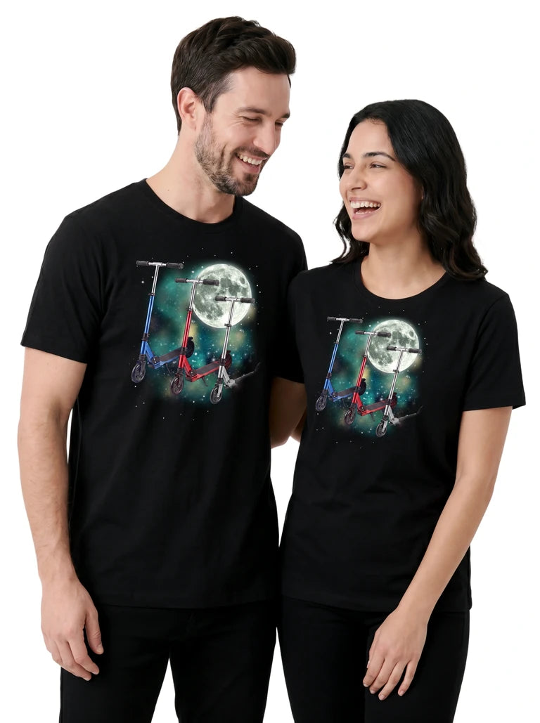 MagicMoon Three Scooter Moon on couple wearing matching Funny Novelty Shirt