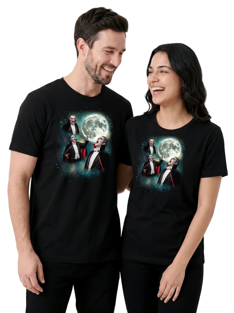 MagicMoon Three Vampire Moon on couple wearing matching Halloween Costume Shirt
