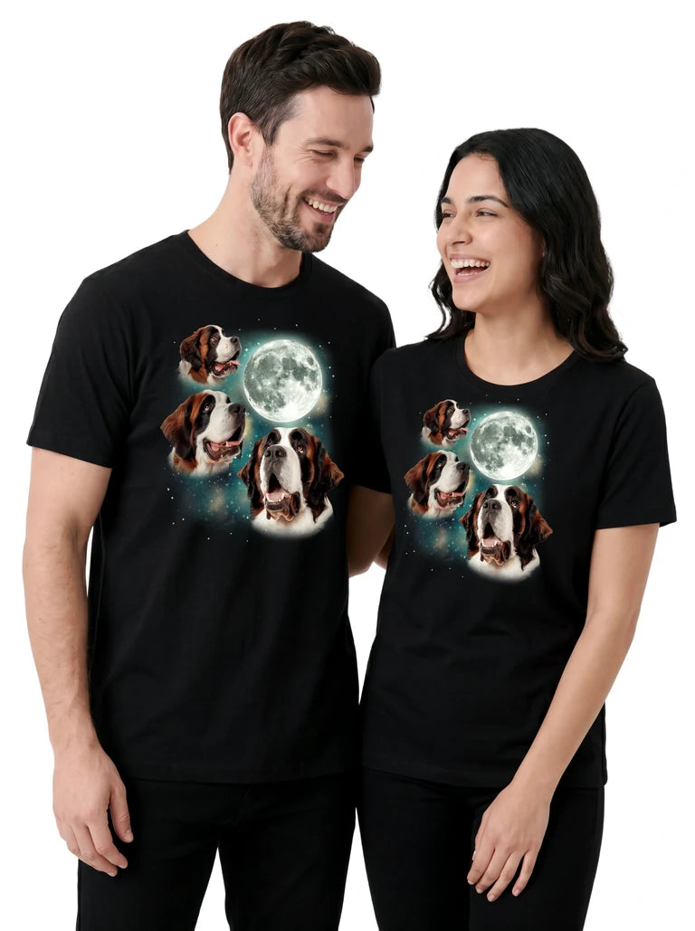MagicMoon Three St. Bernard Moon on couple wearing matching Funny Animal Shirt
