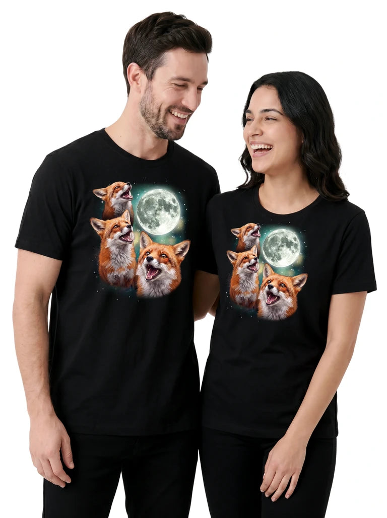 MagicMoon Three Fox Moon on couple wearing matching Funny Animal Shirt
