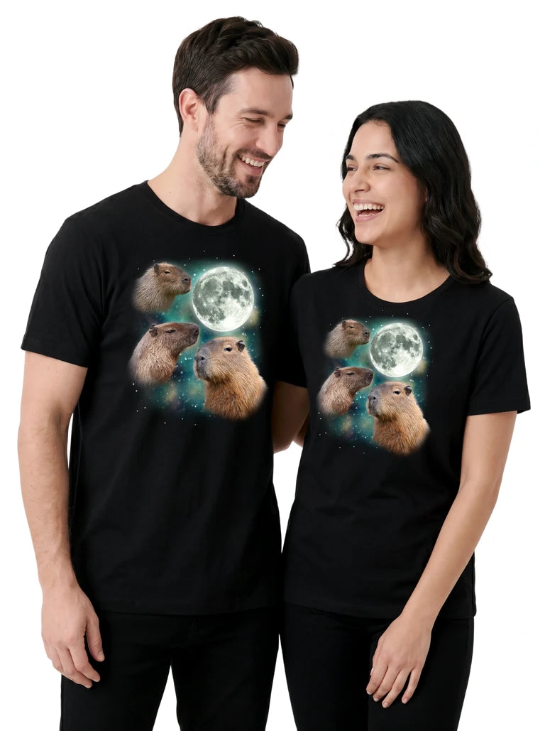 MagicMoon Three Capybara Moon on couple wearing matching Funny Animal Shirt