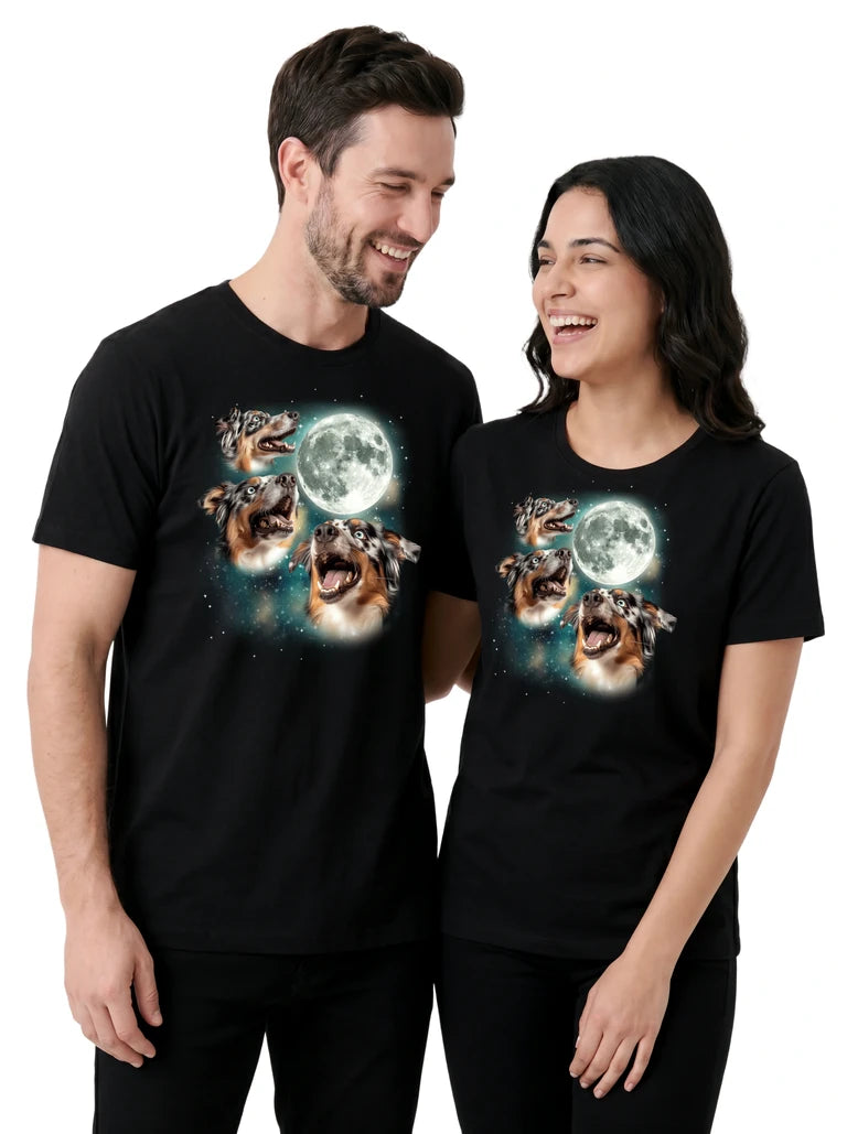 MagicMoon Three Australian Shepherd Blue Merle Moon on couple wearing matching Funny Animal Shirt