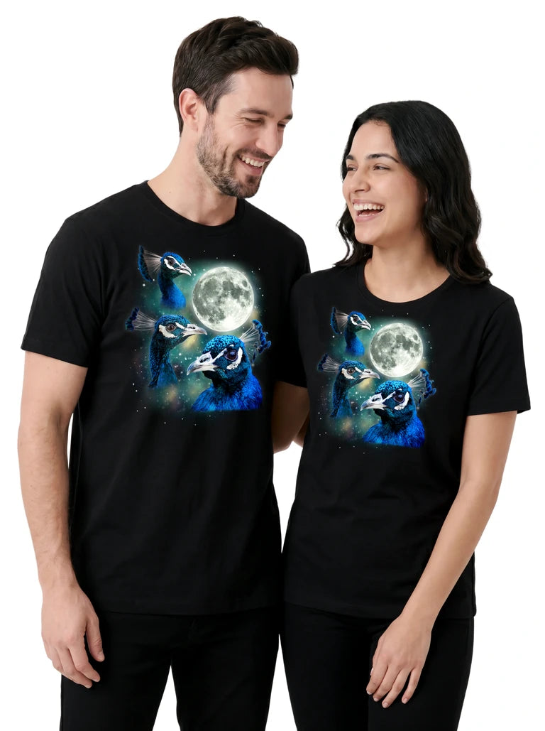 MagicMoon Three Peacock Moon on couple wearing matching Funny Animal Shirt