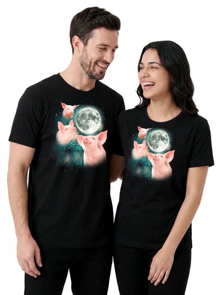 MagicMoon Three Pig Moon on couple wearing matching Funny Animal Shirt