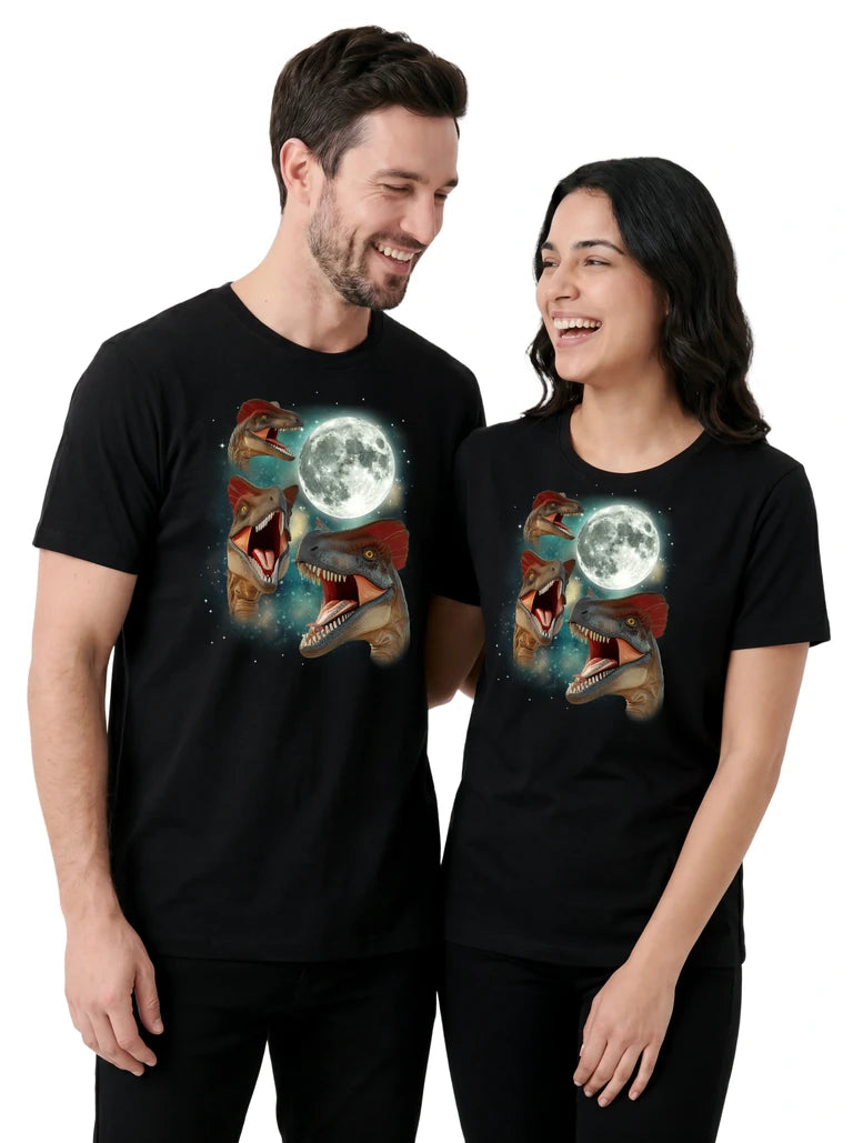 MagicMoon Three Dilophosaurus Moon on couple wearing matching Funny Novelty Shirt