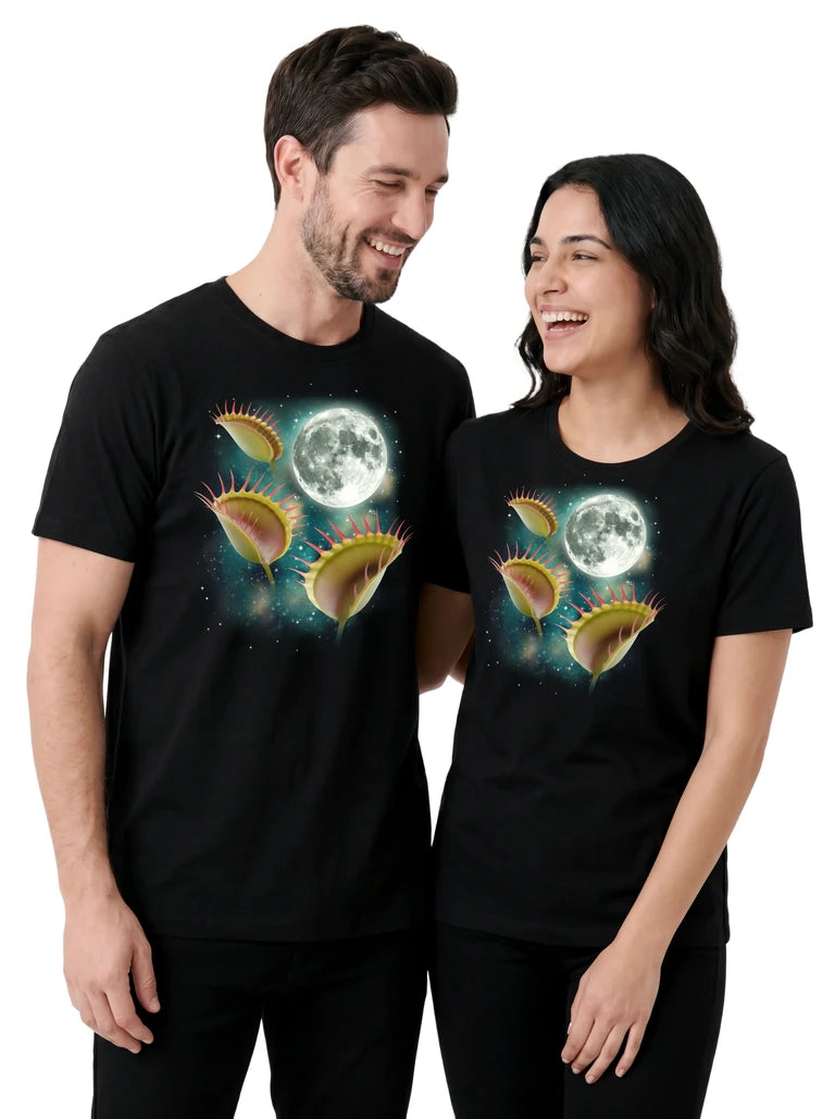 MagicMoon Three Venus Flytrap Moon on couple wearing matching Funny Novelty Shirt