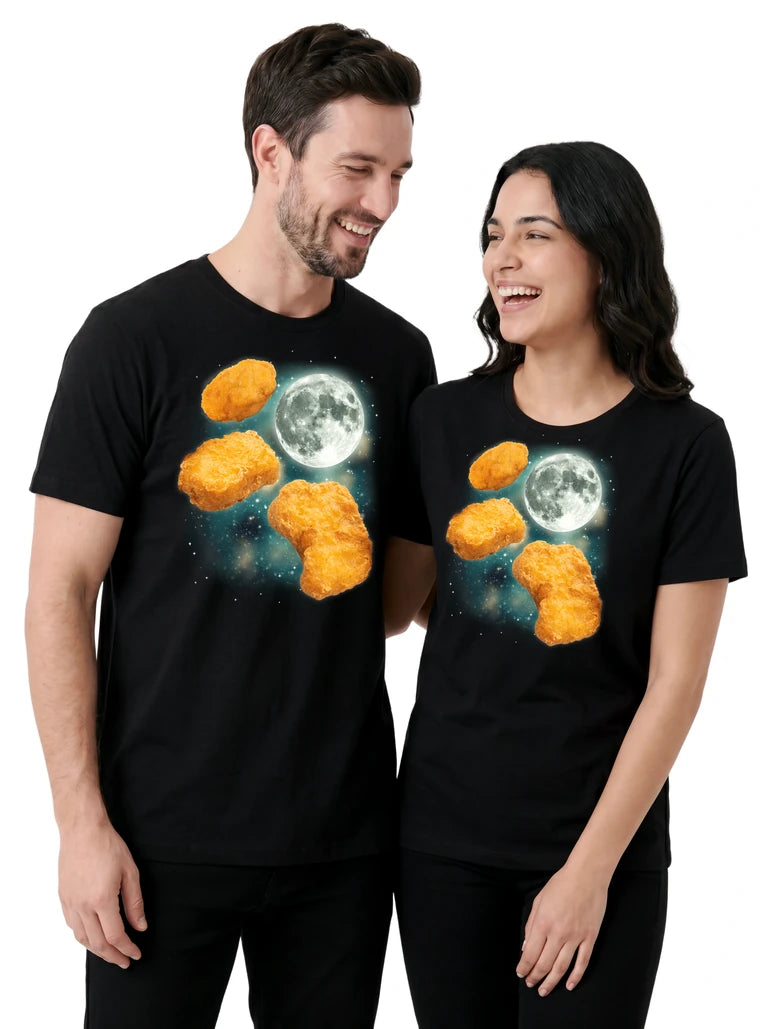 MagicMoon Three Chicken Nugget Moon on couple wearing matching Funny Food Shirt