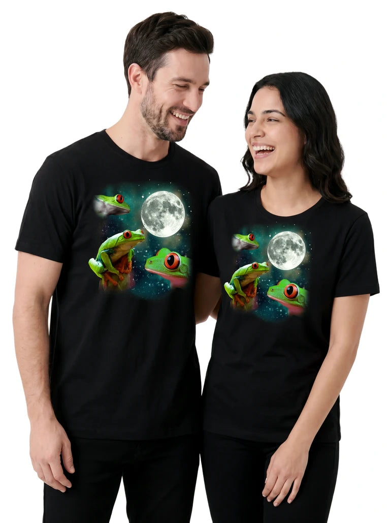 MagicMoon Three Tree Frog Moon on couple wearing matching Funny Animal Shirt