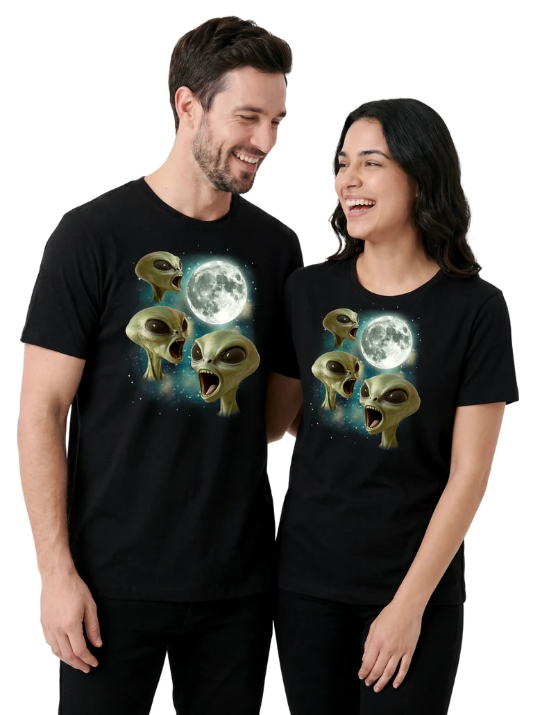 MagicMoon Three Alien Moon on couple wearing matching Funny Novelty Shirt
