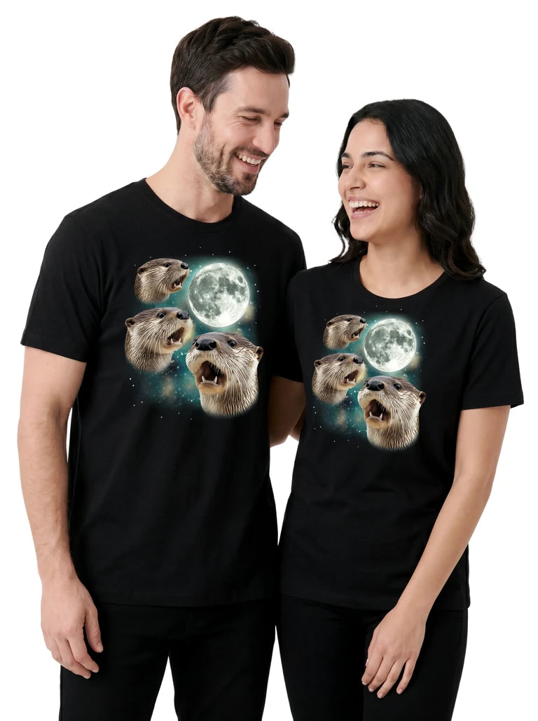 MagicMoon Three Otter Moon on couple wearing matching Funny Animal Shirt