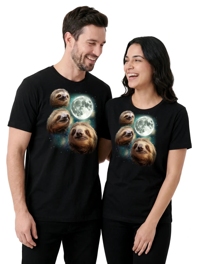 MagicMoon Three Sloth Moon on couple wearing matching Funny Animal Shirt