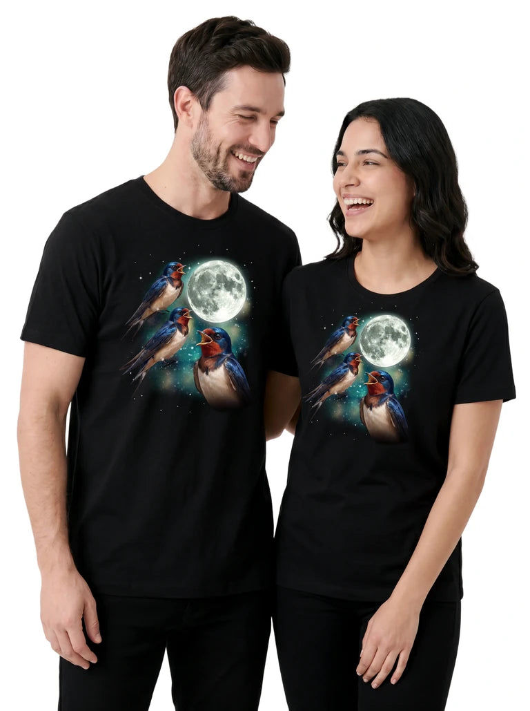 MagicMoon Three Swallow Moon on couple wearing matching Funny Animal Shirt